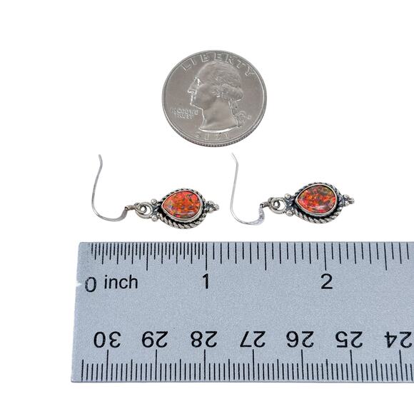 Estate Sterling Silver 925 Teardrop Orange Opal Dangle Earrings - Picture 6 of 7
